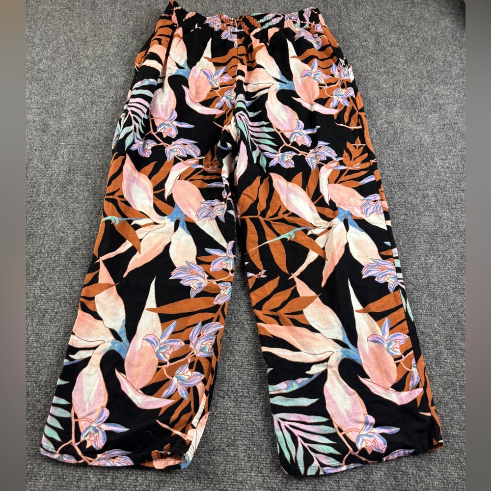 Billabong Black Wide Leg Tropical Floral Pants with Peach and Rust Leaves